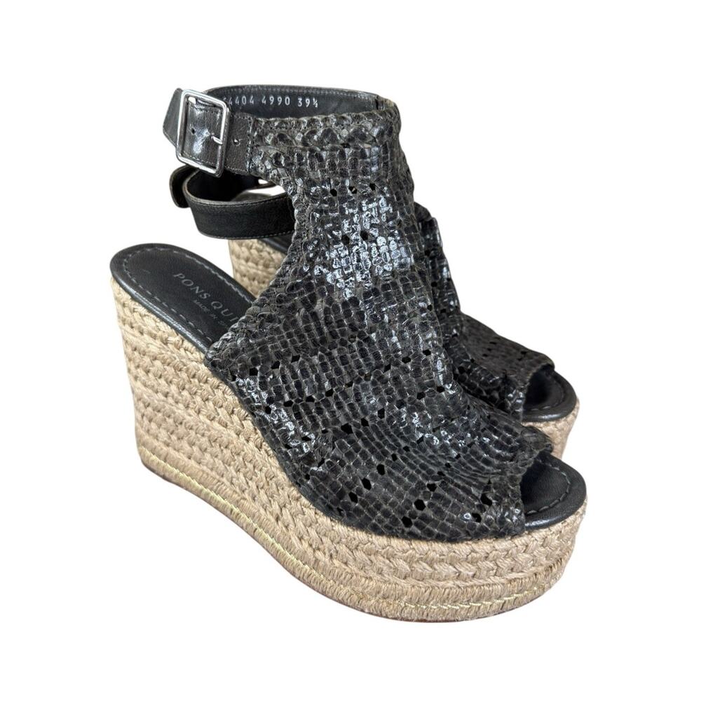 Pons Quintana Wedge Espadrille Sandals Woven Leather Dark Gray EU 39.5 US 9